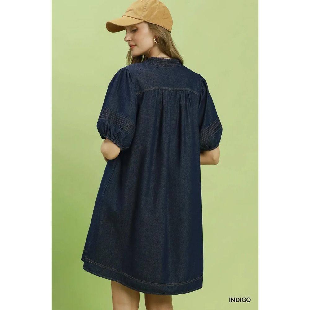 Umgee Notched Puff Sleeve Mini Dress with Pockets - Small - Picture 3 of 5